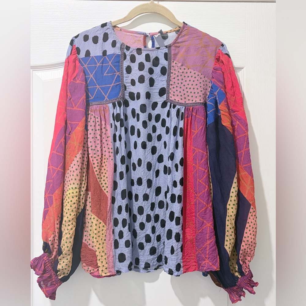 Printed Mixed-Color Blouson Sleeve Blouse - Picture 3 of 6